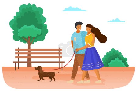 Téléchargez les illustrations : Une famille avec un chien marche dans la rue. Couple en relation avec un animal de compagnie passe du temps à l'extérieur. Les propriétaires avec l'animal en laisse dans le parc. mignon heureux sourire fille et guy sur date - en licence libre de droit