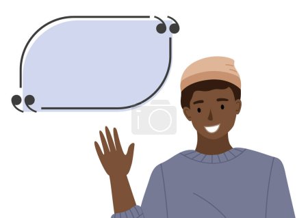 Illustration for Male character design, a man with a speech bubble on white background. Doodle cartoon style flat vector illustration with a young happy dark skinned guy waving hand hello with empty balloon for text - Royalty Free Image
