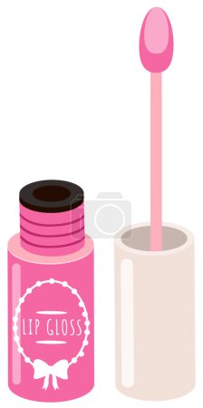 Illustration for Opened pink lip gloss tube with a sponge brush. Lip cream plastic opaque bottle of rose color with a screw cap isolated on white. Lip care cosmetic accessory. Lipstick, pomade paints lips does makeup - Royalty Free Image