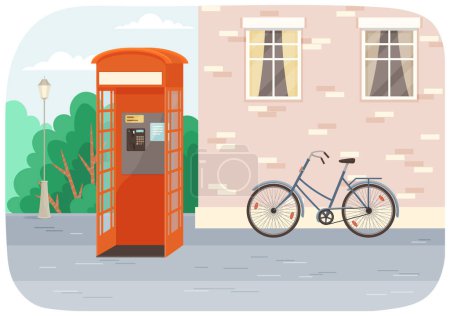 Illustration for Empty London red classic telephone booth with an open door on the street with a bicycle at the building. City summer landscape with public telephone and brick wall with windows, Empty urban street - Royalty Free Image