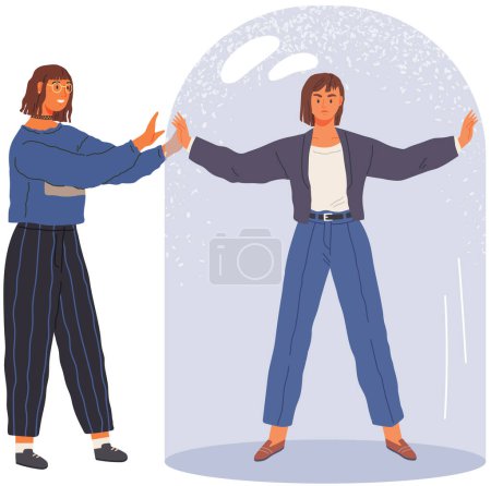 Illustration for Protection of personal space from extraneous. Female restrictions, young woman stands under glass jar. Character is in confined space, loneliness, solitude. Concept of freedom, mental rehabilitation - Royalty Free Image