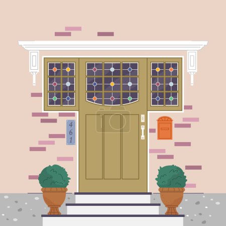 Téléchargez les illustrations : Facade door house exterior entrance. Front view from street. Closed home entry exterior with potted flower plants, lamp, number plate. Doorway facade. Entries to apartments with green decoration - en licence libre de droit