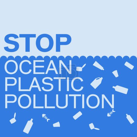 Illustration for Stop ocean plastic pollution banner design template in paper cut style. Plastic bags float in sea, trash in water, garbage. Seabed reef, rubbish in waves. Ecological problem poster on blue background - Royalty Free Image