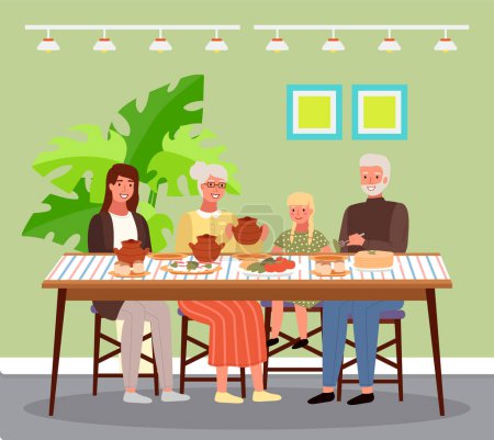 Illustration for Family at lunch in Russian style. Relatives are communicating and eating traditional food. Grandmother gives her granddaughter a clay pot with borsch. Dining table with pancakes and buns with garlic - Royalty Free Image