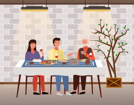 Téléchargez les illustrations : La famille dîne avec de la nourriture dans un restaurant de style géorgien. Les parents mangent des plats traditionnels dans un café. Les Géorgiens dégustent des plats traditionnels. Tableau avec illustration vectorielle khinkali et adjarian khachapuri - en licence libre de droit