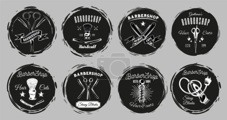 Illustration for Set of logotype for barbershop in vintage style. Barber shop logo flat vector design emblem with barber objects sign and lettering. Hairdressing salon signboard. Style haircut banner poster - Royalty Free Image