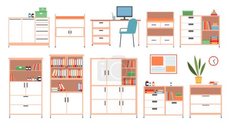 Illustration for Set of illustrations on the topic of furniture for a medical office. Cabinets, chest of drawers and hanging shelves isolated on a white background. Arrangement of furniture in hospital interior design - Royalty Free Image