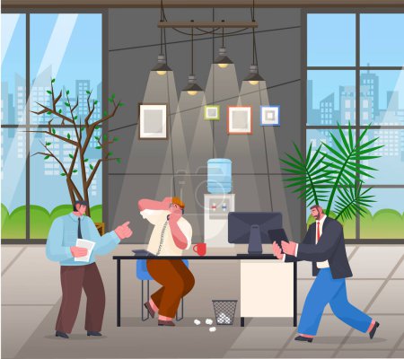 Illustration for Unorganized office workers panic. Angry boss swear at worker talking on phone. Employee with digital tablet running to table. Chaos in office. Stylish design of office with plants, big windows - Royalty Free Image