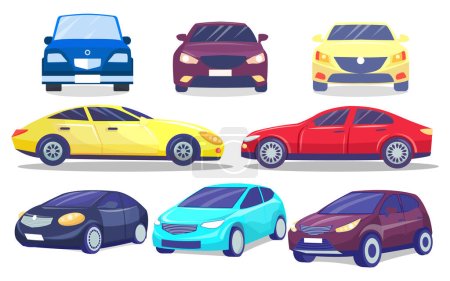 Illustration for Set of colorful modern cars, automobiles from front and side. Vehicle of everyday using transport. Transportation, taxi. Comfortable auto for driving. Sedan or hatchback auto with tinted windows - Royalty Free Image