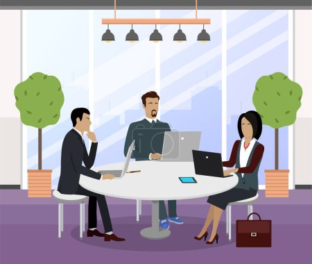 Illustration for Business people talking and working at the computer in office. Teamwork on a new project. Business meeting, development of plans. Brainstorming process, team man and woman serious workers at workplace - Royalty Free Image
