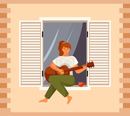 Ilustración de Mujer está tocando la guitarra en el balcón de su casa. El músico está sentado en el alféizar de la ventana. El personaje femenino hace música en casa. Ciudadano se queda en casa, rutina de la vida diaria, tiempo de ocio relajante - Imagen libre de derechos