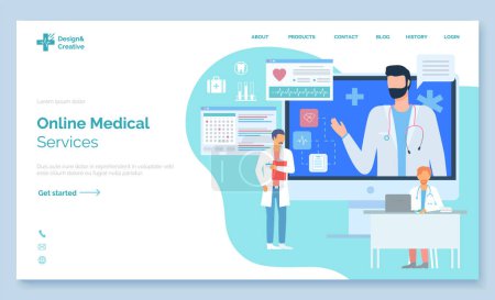 Illustration for Online medical services, landing page of medical website. Doctors give online consultation. Therapist sitting at table with laptop. Physician talking from computer. Online treatment, give online help - Royalty Free Image