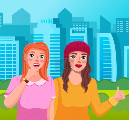Illustration for Two smiling girls stand together against the backdrop of the urban landscape with tall buildings. Cute girlfriends flat character portrait vector in city park. Female friends outdoor sunny day - Royalty Free Image