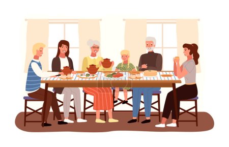Illustration for Family at a Russian-style evening dinner. Relatives are communicating at the dinner table. Characters taste traditional dishes flat vector illustration. Dining table with pancakes and borscht - Royalty Free Image