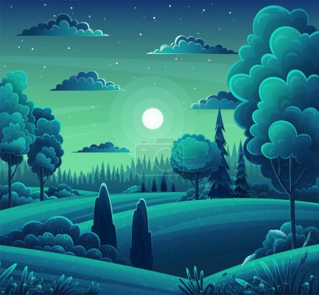 Illustration for Night mixed forest. Dark blue green background. Meadow, meadow, lawn, lush tree crowns. Christmas trees, spruce, bright moon in sky, stars. Cartoon design for banners, games. Night forest landscape - Royalty Free Image