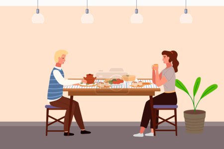 Illustration for People at lunch in Russian style restaurant. Couple on a date in a cafe eats pancakes and borscht. Guy and girl communicating at dining table vector illustration. Characters taste traditional food - Royalty Free Image