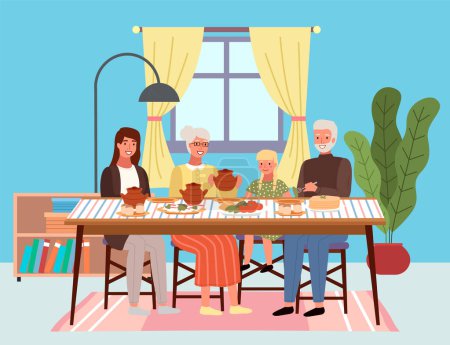 Familie beim Mittagessen im russischen Stil zu Hause. Verwandte, die am Esstisch miteinander kommunizieren. Charaktere probieren traditionelle Gerichte und diskutieren. Esstisch mit Pfannkuchen und Borscht