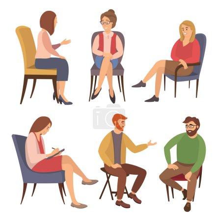 Grupo de personas están sentados juntos en sillas y hablando. El psicólogo está haciendo preguntas. Conversación entre personas y psicólogo o psicoterapeuta masculino. Psicoterapia familiar