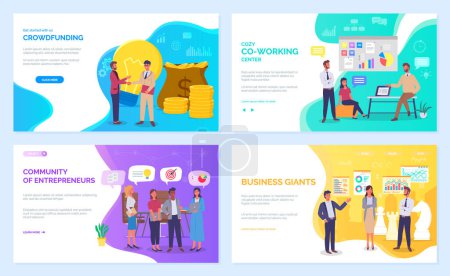 Illustration for Strategic planning and business management concept webpage set. Modern planning innovations. Crowdfunding landing page template, co working center, business giants, community of enterpreneurs - Royalty Free Image