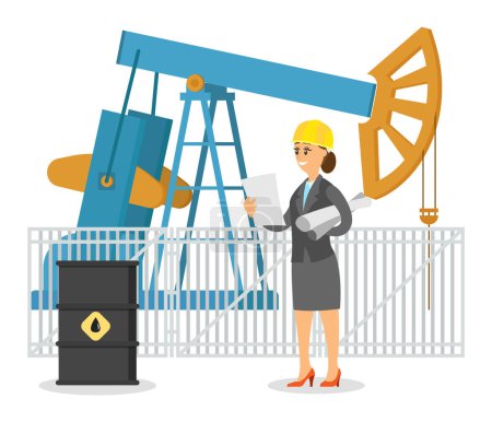 Illustration for Woman oil worker or engineer in helmet near industry equipment pumpjack and oil barrels. Oil worker standing, reading technical paper. Modern woman in the male profession vector flat design - Royalty Free Image