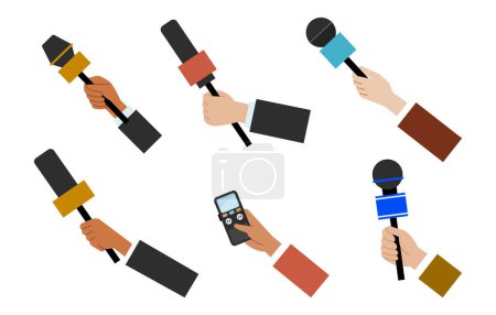 Illustration for Set hands are holding colorful microphones. Correspondents interview with special equipment. People holdinf devices for recording a human voices. Different microphones isolated on white background - Royalty Free Image