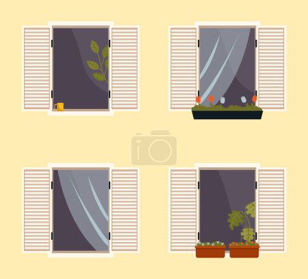 Illustration for Set of various balconies with flowers in pots. Windows with open shutters vector illustration. Windows overlooking the street with plant or curtains inside. Balcony isolated on the wall of building - Royalty Free Image
