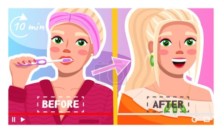 Illustration for Concept of video player interface. Pretty woman telling about beauty lifehacks and secrets, before and after. Young girl shooting tutorial video. Beauty blogger making video blog for internet - Royalty Free Image