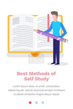Illustration for Studying material online, best methods of self study concept. Man with a pencil in his hands makes notes in a book. Website landing page template. Male character is busy with self-development - Royalty Free Image
