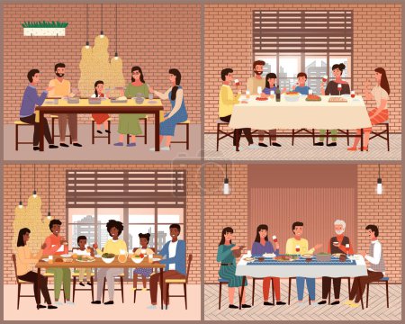 Illustration for Set of theme of people having family dinner in traditional styles of countries of world. Cartoon characters in national costumes taste dishes vector illustration. Family gathering around dining table - Royalty Free Image