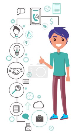 Illustration for Man stands uses smartphone, browsing or chatting, texting or watching videos. Vector male character with phone, mobile application icons set. Person with cellphone, guy communicating by digital gadget - Royalty Free Image