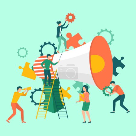 Illustration for Social media promotion online marketing flat infographic modern technology communication concept. Huge loudspeaker micro people listening. Spread word. Public relations, digital marketing and media - Royalty Free Image
