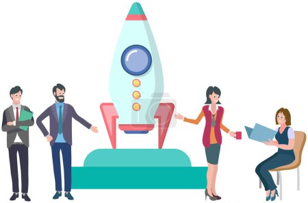 Illustration for Business meeting with people and rocket launch. Innovative project, flying up rocket. Startup and entrepreneurship concept. Business partners discussing successful proposition, investment in startup - Royalty Free Image