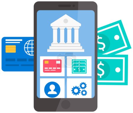 Illustration for Screen of smartphone with the image of layout design of the application for online banking. App for contactless transactions and transfer of funds. Phone on the background of banknotes and credit card - Royalty Free Image