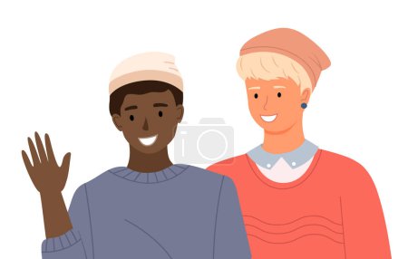 Illustration for Group of fashion cartoon young people friends. Teenagers boys standing together on white background. Students of different nationalities and skin colors. Friendly company waving a welcome gesture - Royalty Free Image