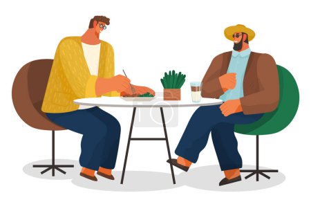 Téléchargez les illustrations : Deux amis hommes assis à une table mangeant dans un restaurant illustration vectorielle isolé sur fond blanc. Personnages masculins élégants déjeunant au bar. Des partenaires commerciaux dînent dans un café - en licence libre de droit