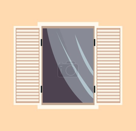 Illustration for Window with transparent glass. Large window with curtains and open shutters. Window isolated on the wall of the building. Room ventilation, fresh air, hole in the wall for light to pass through - Royalty Free Image