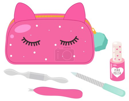 Illustration for Vector flat manicure tools set and a cute pink case with eyelashes and ears. Female pedicure bag. Various manicure accessories, equipment, tools. nail polish, polish remover, brush, nail file isolated - Royalty Free Image