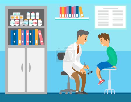 Illustration for Neuropathologist examining patient use reflex hammer vector flat illustration. Boy visits doctor during regular medical checkup. Physician work at clinic. Man communicates with child in a hospital - Royalty Free Image