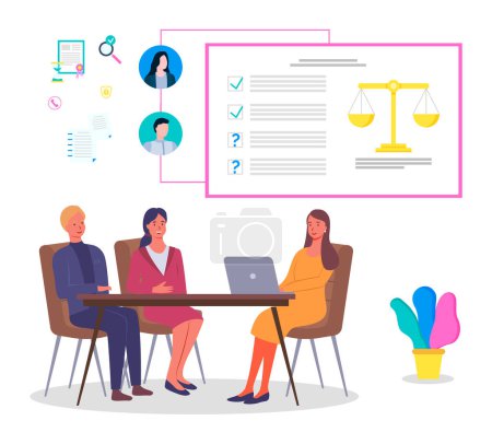 Illustration for Businesswoman talking and working together in office. Partners lawyers communicating concept. Business meeting around table . Brainstorming process, team business women with laptop collaboration - Royalty Free Image