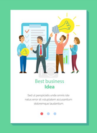 Illustration for Best business idea landing page template. People office workers generate development activities and ideas, A man holding light bulb. Marketing strategy concept, business team develops solutions - Royalty Free Image
