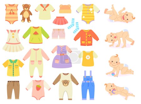 Illustration for Vector collection of baby and children clothes for boys and girls isolated on white background. Cute baby crawls and plays. Kids dress in pastel colours element for baby design flat illustration - Royalty Free Image