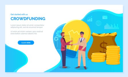 Illustration for Crowdfunding landing page template. People invest their money to business for future profit. Fundraising for the project using the internet. Two businessman shake hands, light bulb and bag of money - Royalty Free Image
