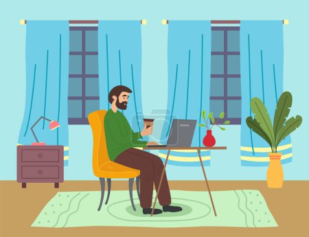 Bearded man with coffee sitting at table in room and correspondence surfing the Internet. Male character communicating through network on the laptop. Freelance, work from home and home office concept