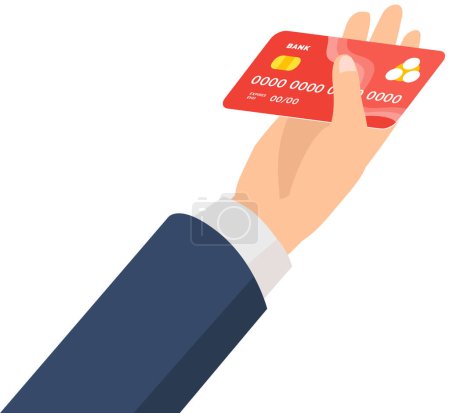 Illustration for Credit card in businessman hand. Idea - Mobile payment, Online shopping and electronic banking, salary, pension. Non-cash money, savings concept. Payment card with a chip in the hand of a man - Royalty Free Image