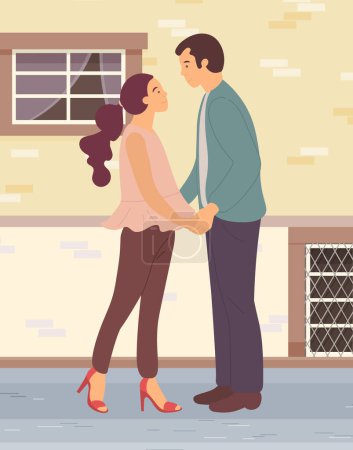 Couple in love. Man and woman embracing each other affectionately. Meeting of enamored people. Vector cartoon illustration guy and girl stand facing each other and looking at each other lovingly