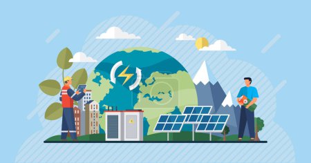Illustration for Solar panels plant. Renewable electric solar power plant station. Modern alternative eco green energy. Clean sustainable energy photovoltaic generation industry. Green energy for city. Installation - Royalty Free Image