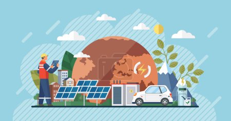 Illustration for Solar panel and batteries with sun. Electric car charging on renewable smart power off-grid system. Solar panels and wind turbines or alternative sources of energy. Eco friendly, sustainable - Royalty Free Image