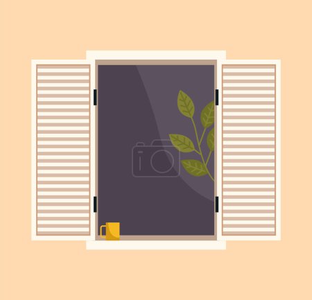 Illustration for Window with homeplant and a cup of coffee on the windowsill. Large window with curtains and open shutters vector illustration. Window isolated on the wall of the building. Room ventilation, fresh air - Royalty Free Image