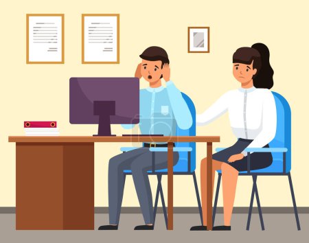 Illustration for Man and woman sitting at a table with computer upset business people in sad feeling and emotional concept. A colleague consoles a frustrated employee. Problems at work and in career, staff reduction - Royalty Free Image