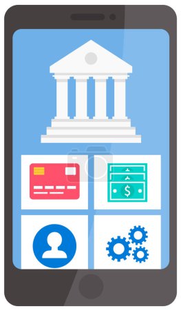 Illustration for Business application on the phone screen. Program for online banking and operations with money. Smartphone app for contactless transactions and transfer of funds. Bank building vector illustration - Royalty Free Image